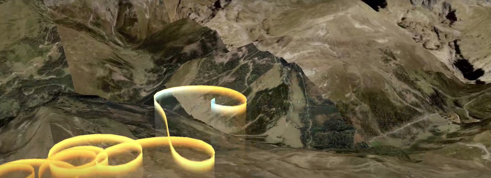 A thermal climb drawn as a glowing spiral over alpine terrain